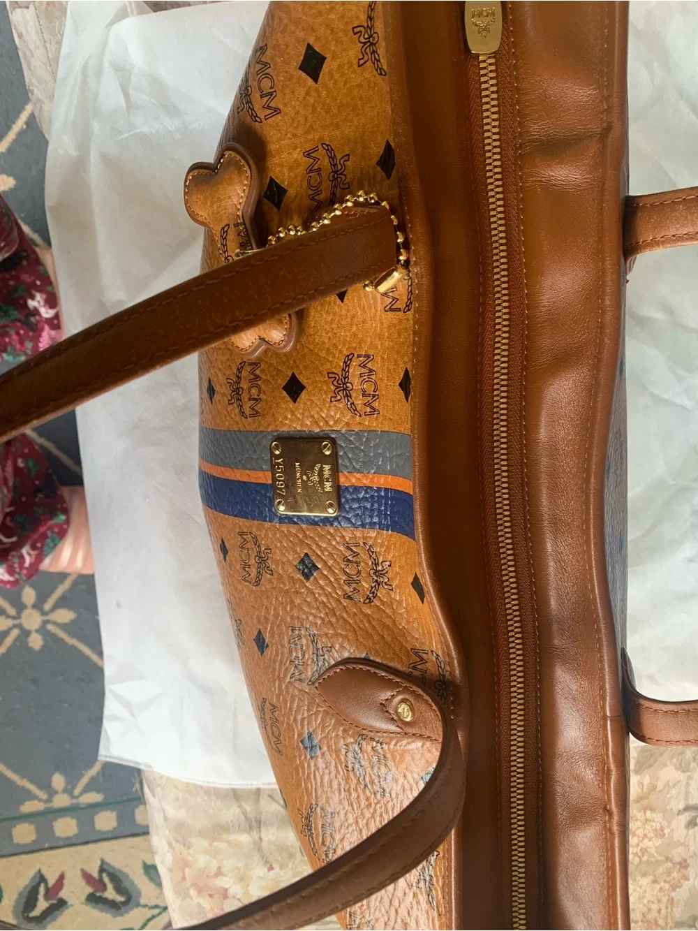 MCM Cognac Visetos Tote with Navy and Orange Center Stripe with Bone. EUC - Picture 12 of 16